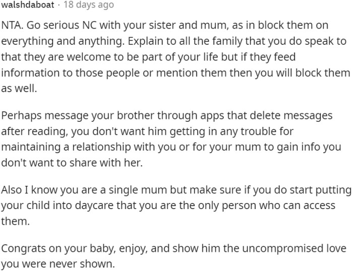 OP should cut off contact with her sister and mother