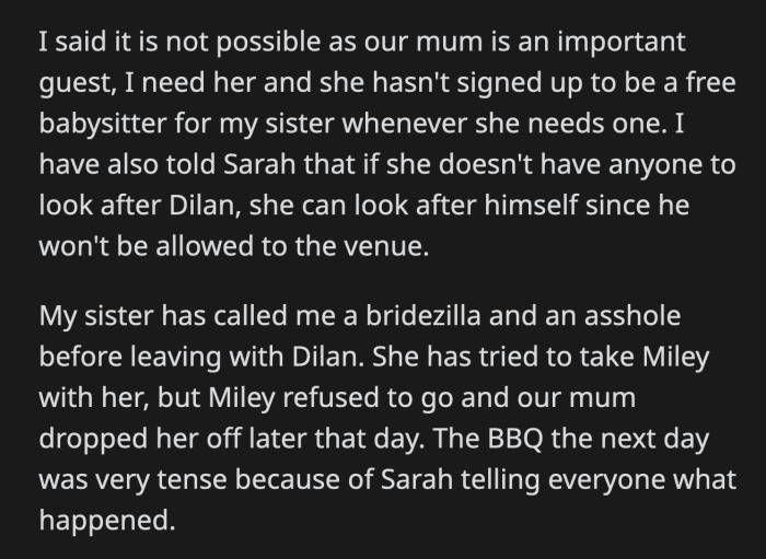 Sarah was blabbing about OP to anyone who would listen at the barbecue the following day