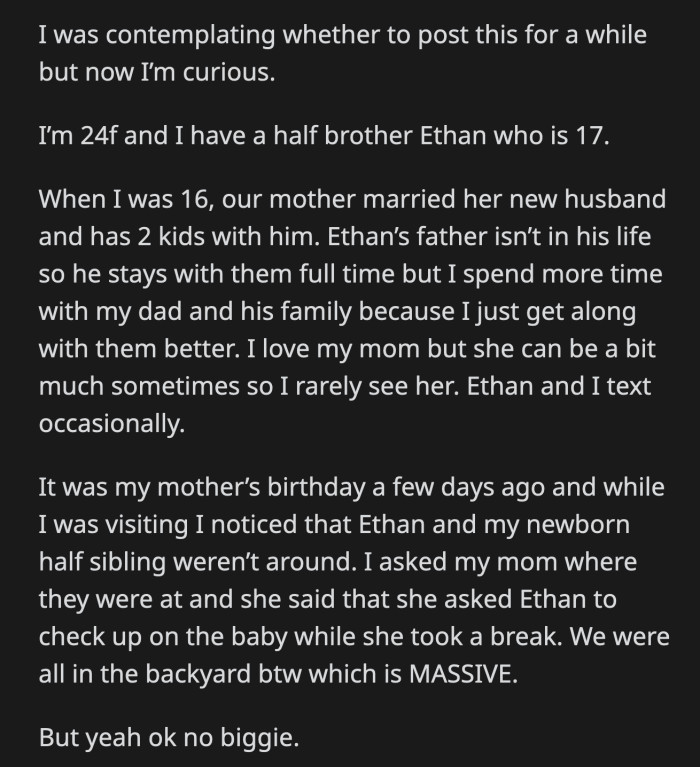OP expressed her disbelief at her dumping her parental responsibility on her teenage son
