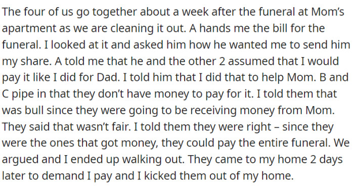 During the cleanup of their late mother's apartment, OP's brothers handed her the funeral bill, expecting her to pay as she did for their father.