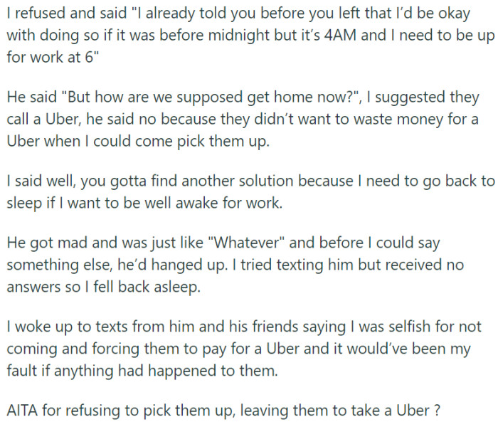 OP Refused Due to Work Obligations and Suggested Using Uber Instead