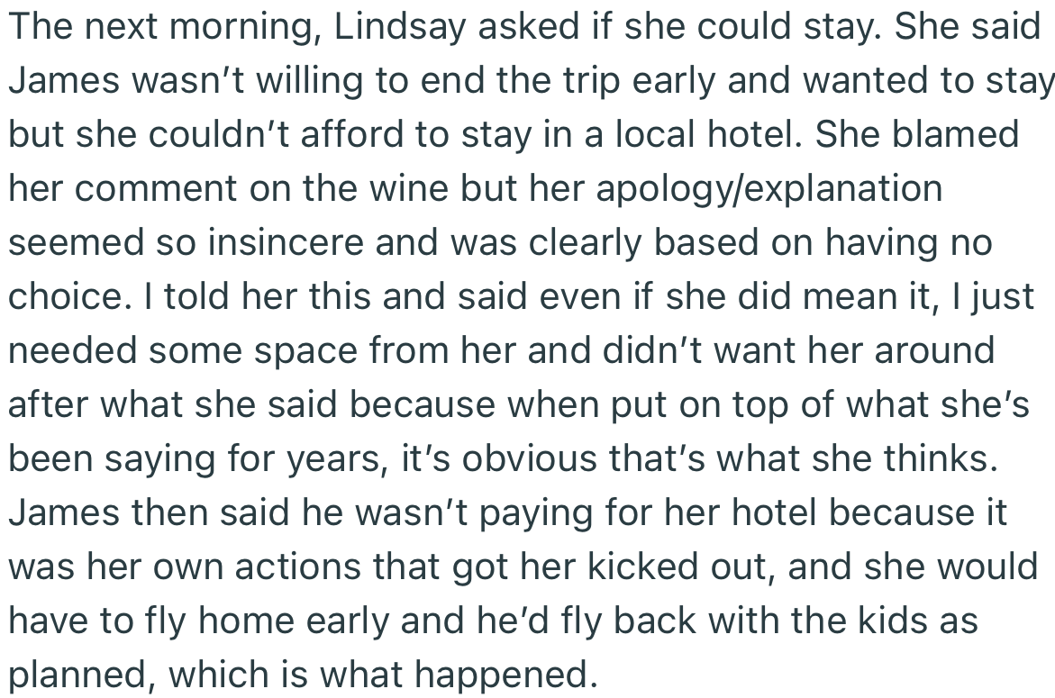 Despite Lindsay’s apology the next morning, OP still insisted that she leave. After all, she had been making similar comments for years.