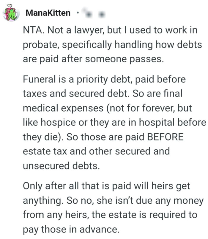 She isn't due any money from any heirs