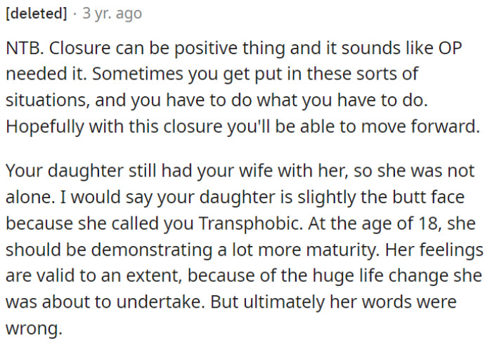 The daughter's accusation of OP being transphobic was immature