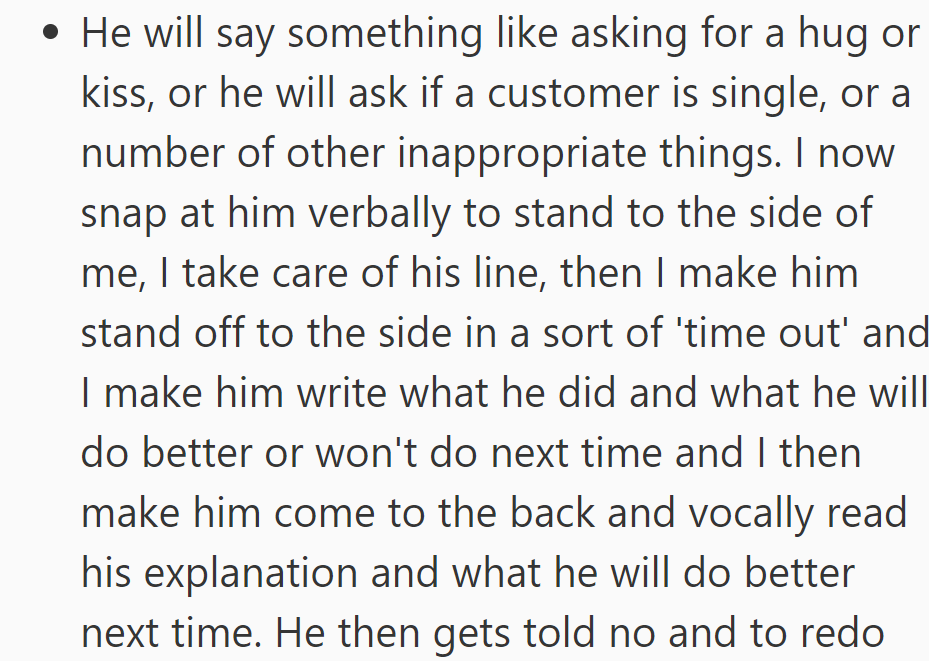 OP reprimands J for inappropriate comments, making him write down improvements and read them aloud.