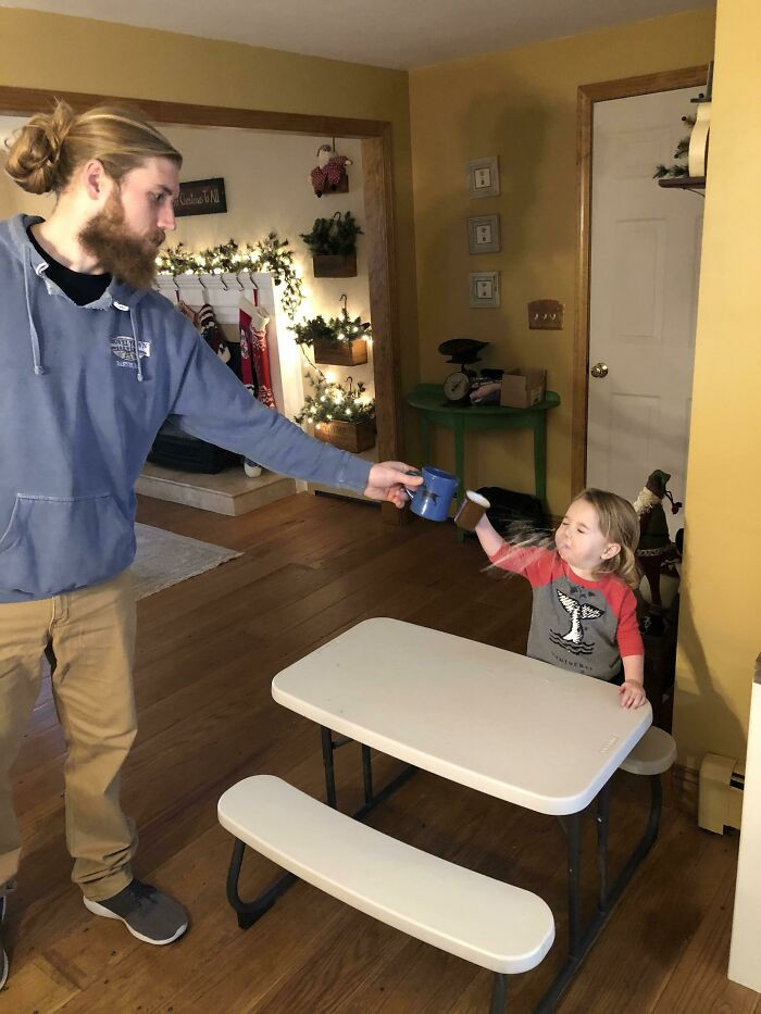 "Caught My Daughter Spitting Chocolate Milk From Her Nose Cheers'ing With Dad"