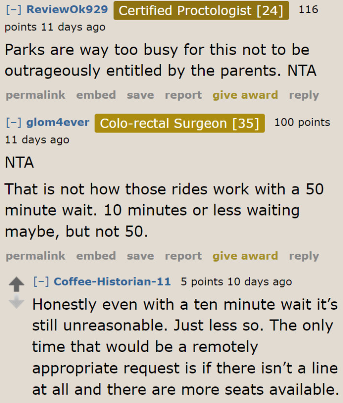 The parents can request the whole car only if there's no line. But that isn't the case here.