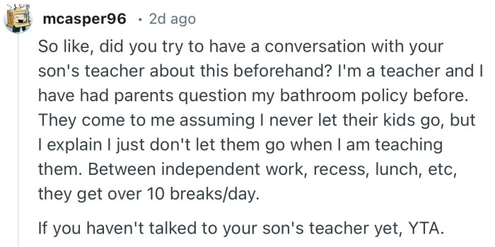 “If you haven't talked to your son's teacher yet, YTA.”