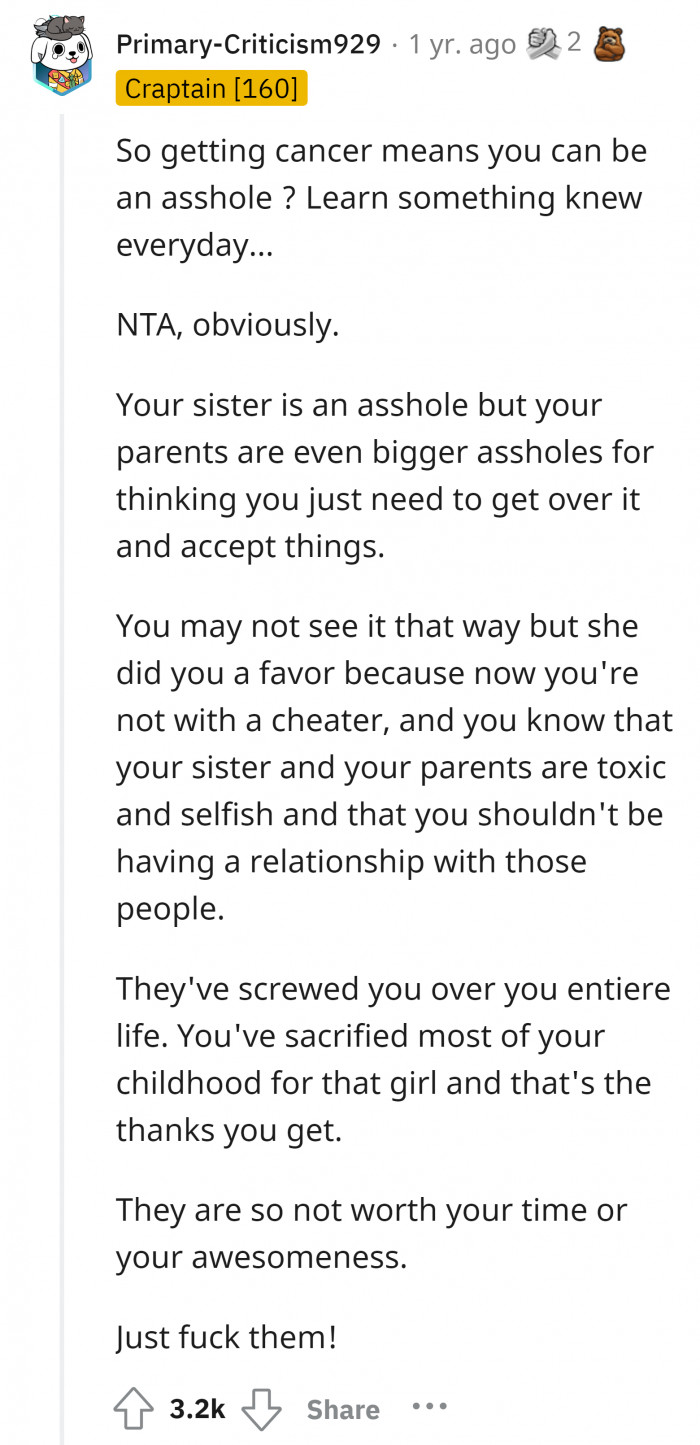 Expecting you to easily accept and forget the things they've done for the sake of their sick daughter who recovered from cancer a decade ago.