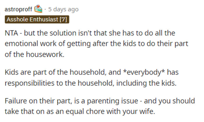 People were focused on achieving an equal share of household duties, but I think OP is actually on the same page; he just wants the kids to pick up the slack.
