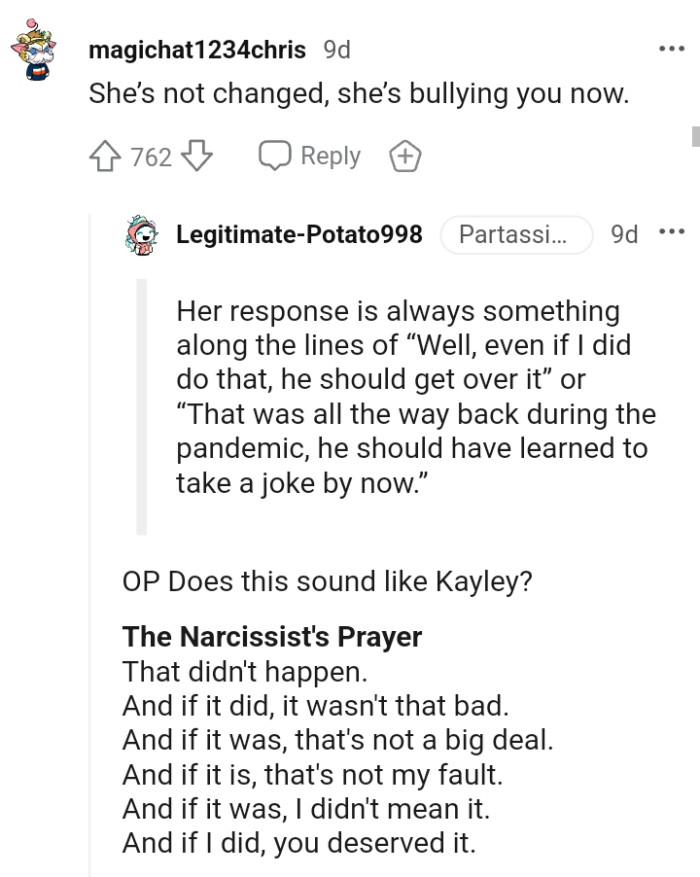 This Redditor wants to know if the narcissist's prayer sounds like the OP's sister
