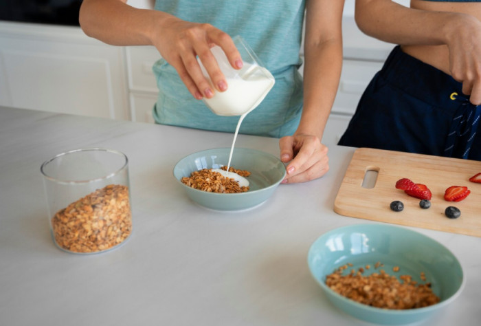 "Put the cereal box in the fridge. "