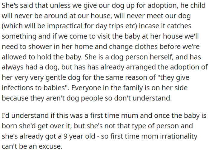 OP's SIL holds overly high expectations of OP due to concerns about the diseases that dogs can potentially transmit.