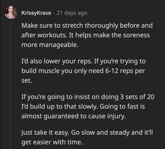 Taking it easy with how she does her workouts would also help