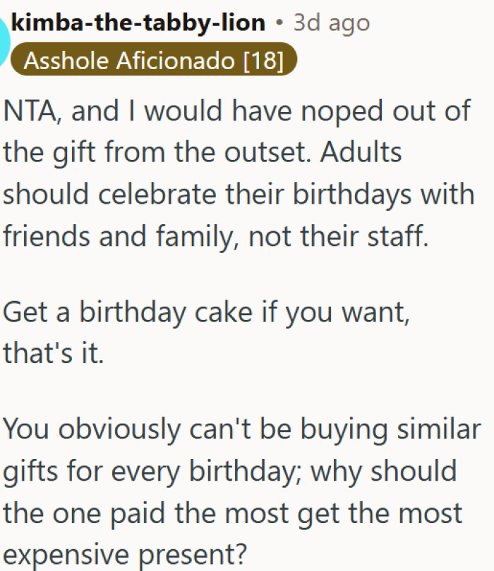 Bosses shouldn't expect birthday gifts from their staff