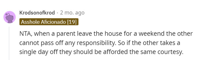 Equality in parenting means recognizing the need for breaks, whether it's a weekend away or just a single day off.