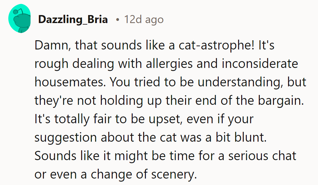 That does sound like a cat-astrophe! Allergies and inconsiderate housemates are tough.