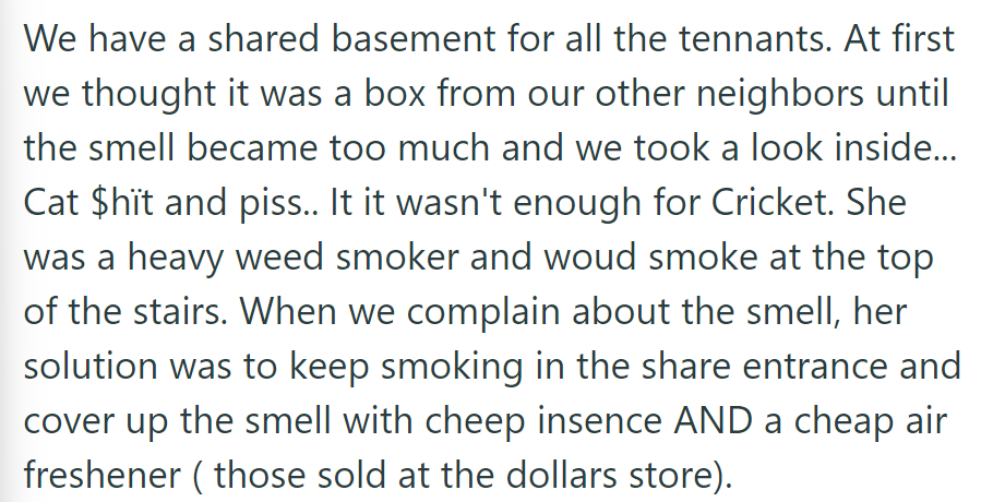 They shared a basement that held cat waste; the neighbor's weed worsened the smell. Despite complaints, OP was just asked to use cheap air fresheners.