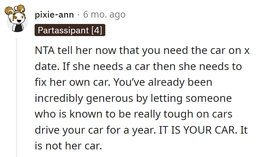 Reclaim the car. She can fix her own wheels.