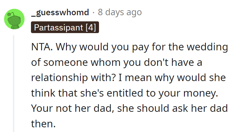 Entitlement check: Return to sender, aka her dad.