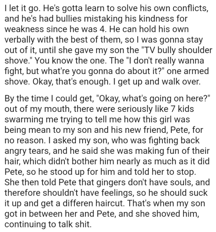 Many kids were swarming the OP trying to tell him how this girl was being mean to his son and his new friend