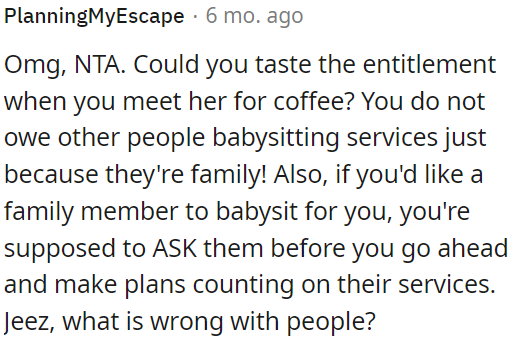 OP doesn't owe family babysitting.