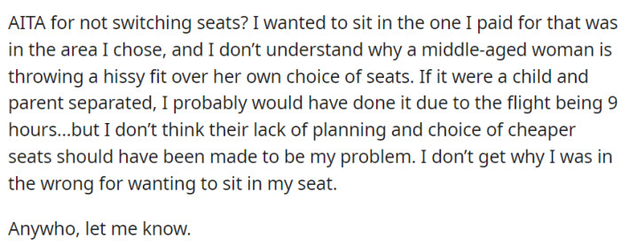OP now asks if she's wrong for declining a seat switch with a couple who chose cheaper separate seats, wondering why her decision to stay in her paid seat is being questioned.