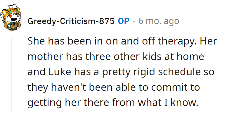 Rue's therapy is on shuffle, matching her moods. Mom's got a soccer team, and Luke's schedule is the therapy carpool traffic.