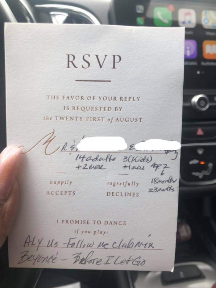 15. “Inviting 20 extra people to a wedding.”