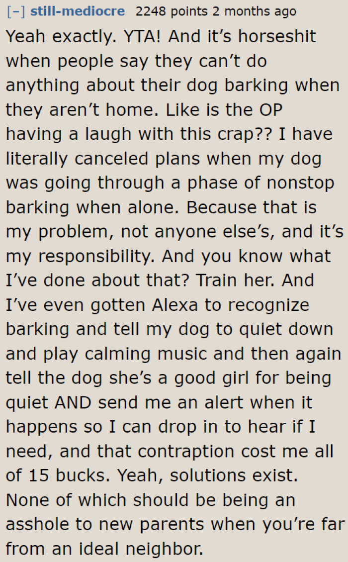 The parents are trying to deal with their newborn; she needs to deal with her barking dogs too.