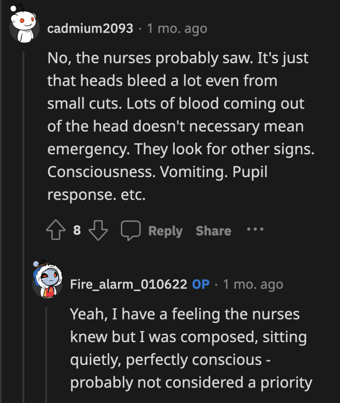 A lot of tough calls are made every minute in an ER. OP was able to walk, maintain balance, and was conscious.