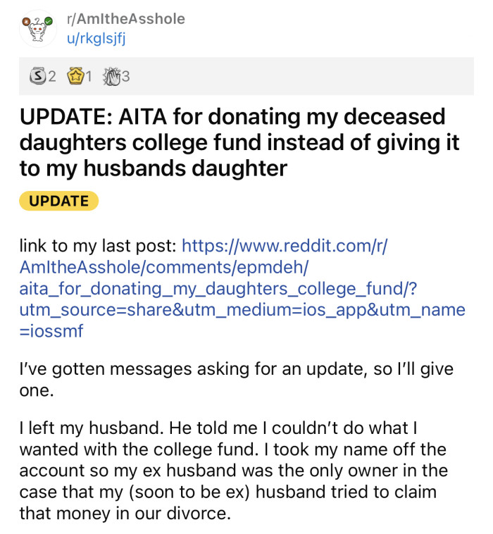 The user made another post later with an official update about her situation: