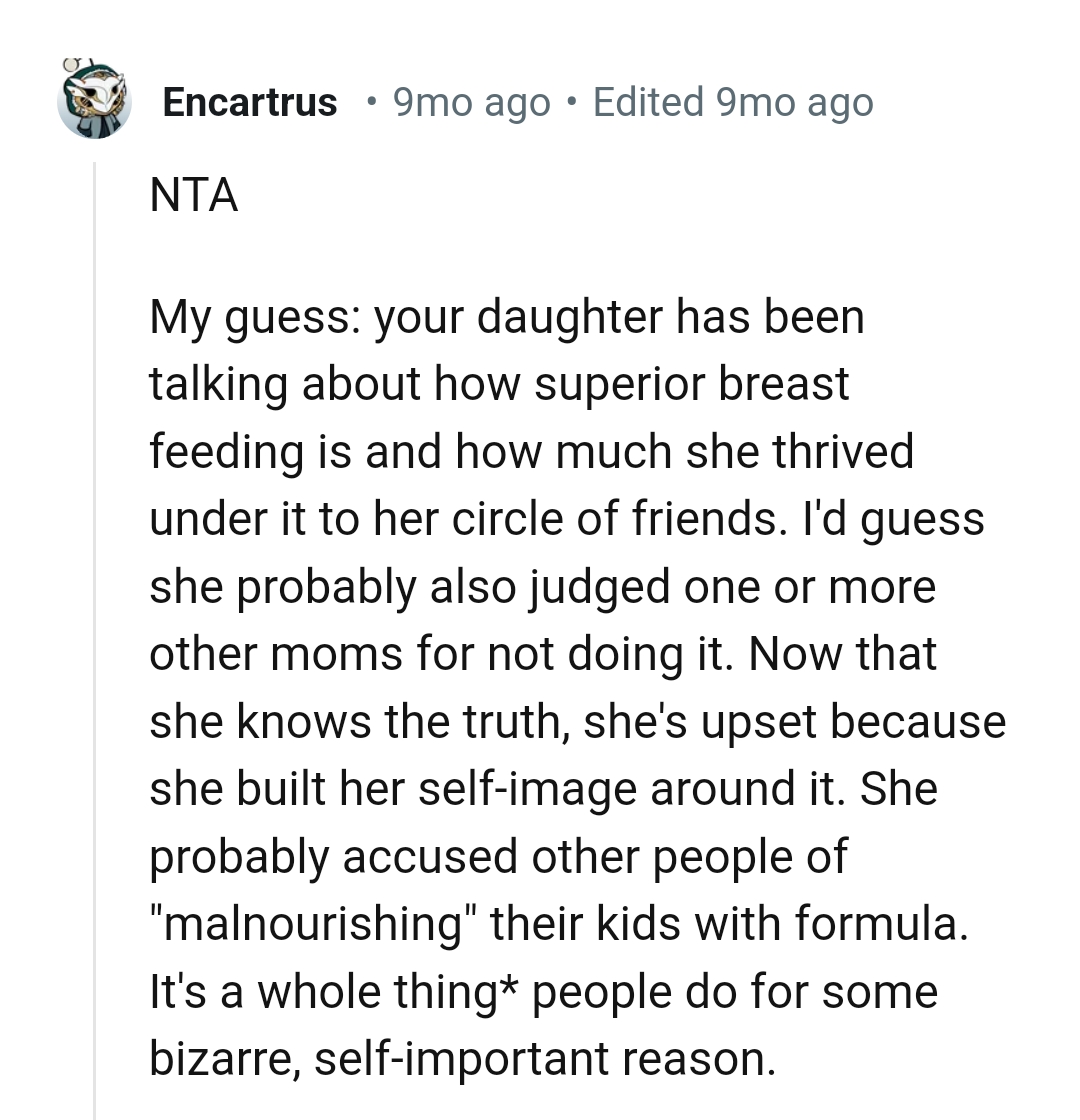 OP's daughter has been talking about how superior breastfeeding is.