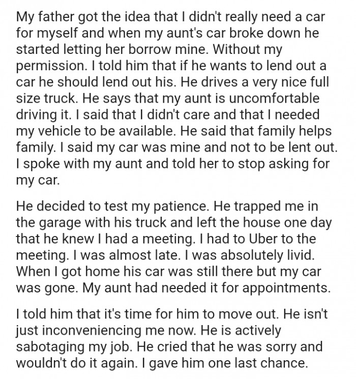 According to the OP's Dad, Family Helps Family
