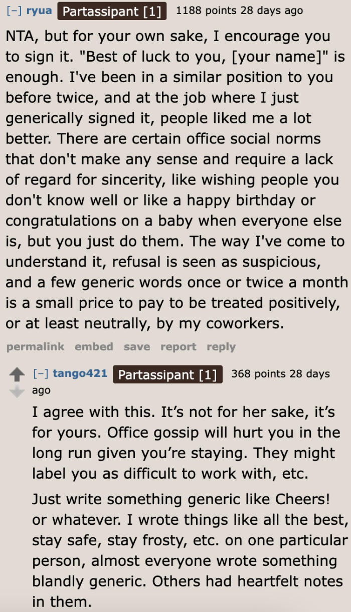 Signing the leaving card doesn't have to be for the sake of the coworker. She can always opt for a generic message to keep things civil.