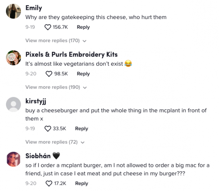 The comments started rolling in about how McDonald's is gatekeeping the cheese.