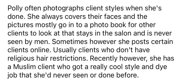 Recently, Polly had a Muslim client who got a really unique style and dye job done.