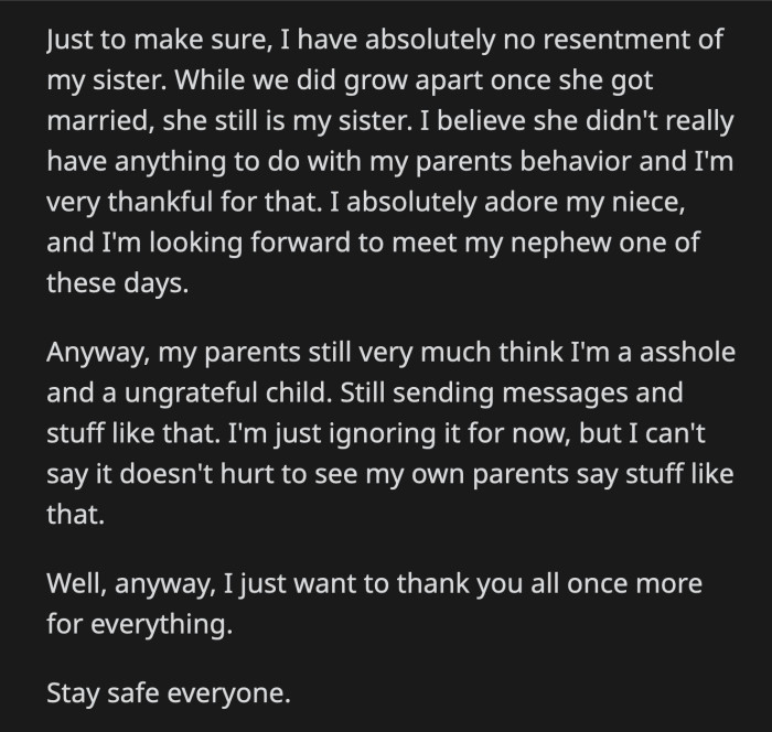 OP believes what his sister said and holds no grudge against her for how their parents behaved. He hasn't talked to his parents since they kicked him out.