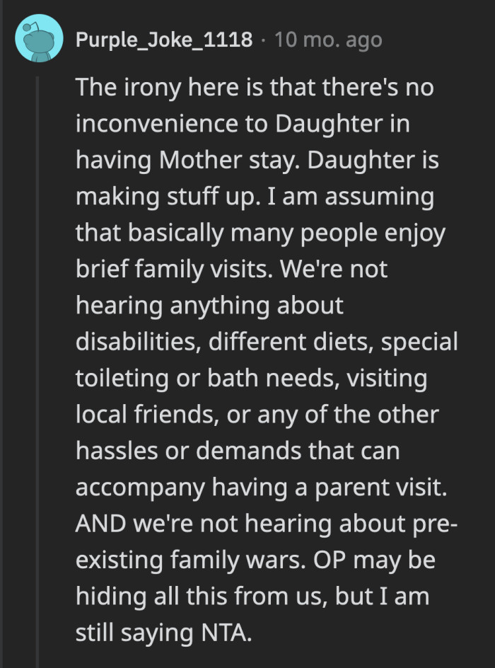 She agreed to host OP twice a year for three days. Or, as OP suggested, she can pay for OP's hotel room.