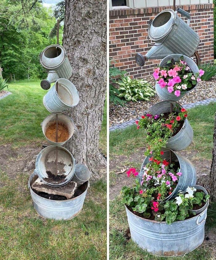 Use old buckets to make flower pots