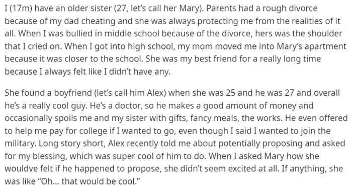 OP (17m) has an older sister, Mary (27), who protects him from the harsh realities of their parents' divorce. Mary was always there for OP, especially when he was bullied in middle school.