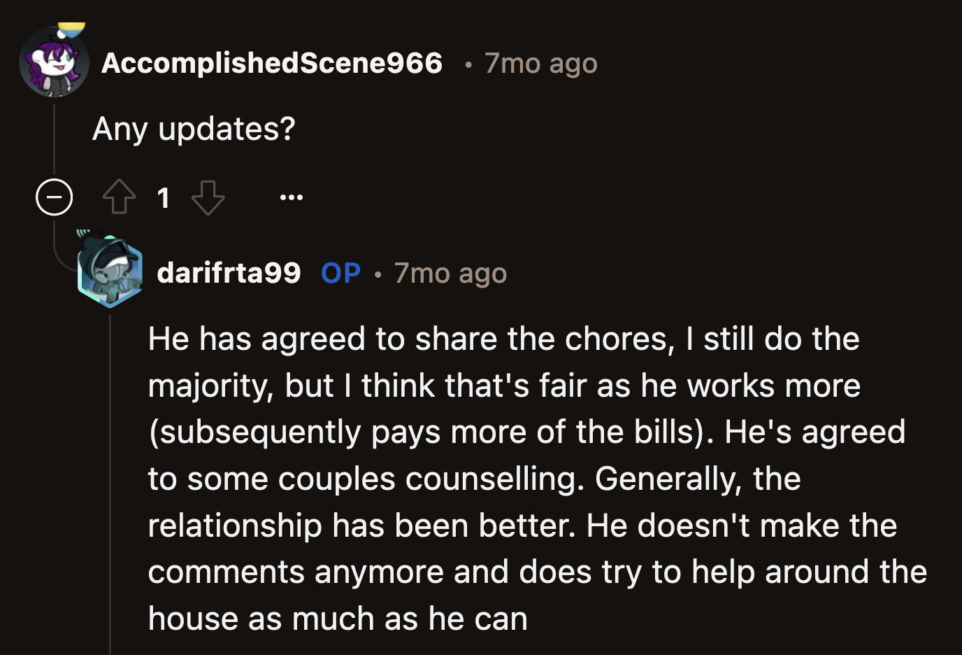 In an update, OP said her partner agreed to split the chores equitably. He also agreed to attend couples' counseling.