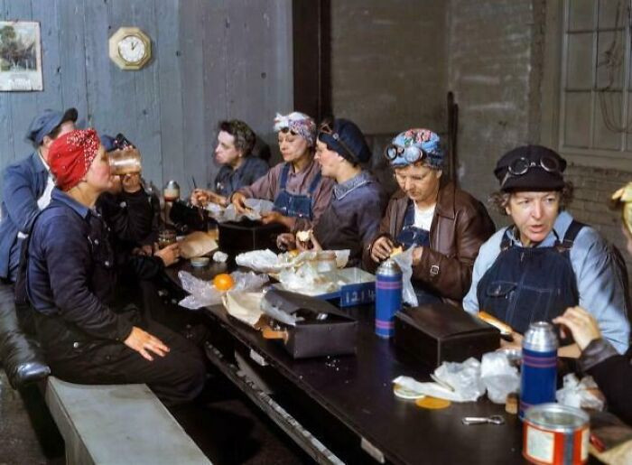 "Group Of Women Working In The Railroad Yards During Lunchtime, Circa 1943"