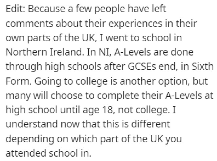 OP had to further explain how the schooling system worked where she lived