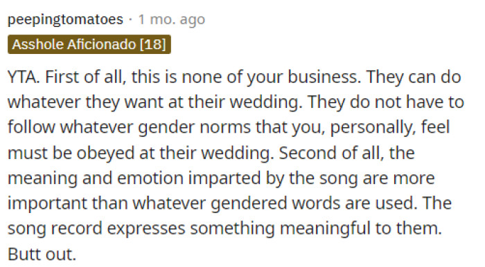 Essentially this is how most of us feel about this. She shouldn't be making decisions or even telling her opinion on a wedding that isn't hers. Essentially she isn't in the place to tell them anything about their wedding.