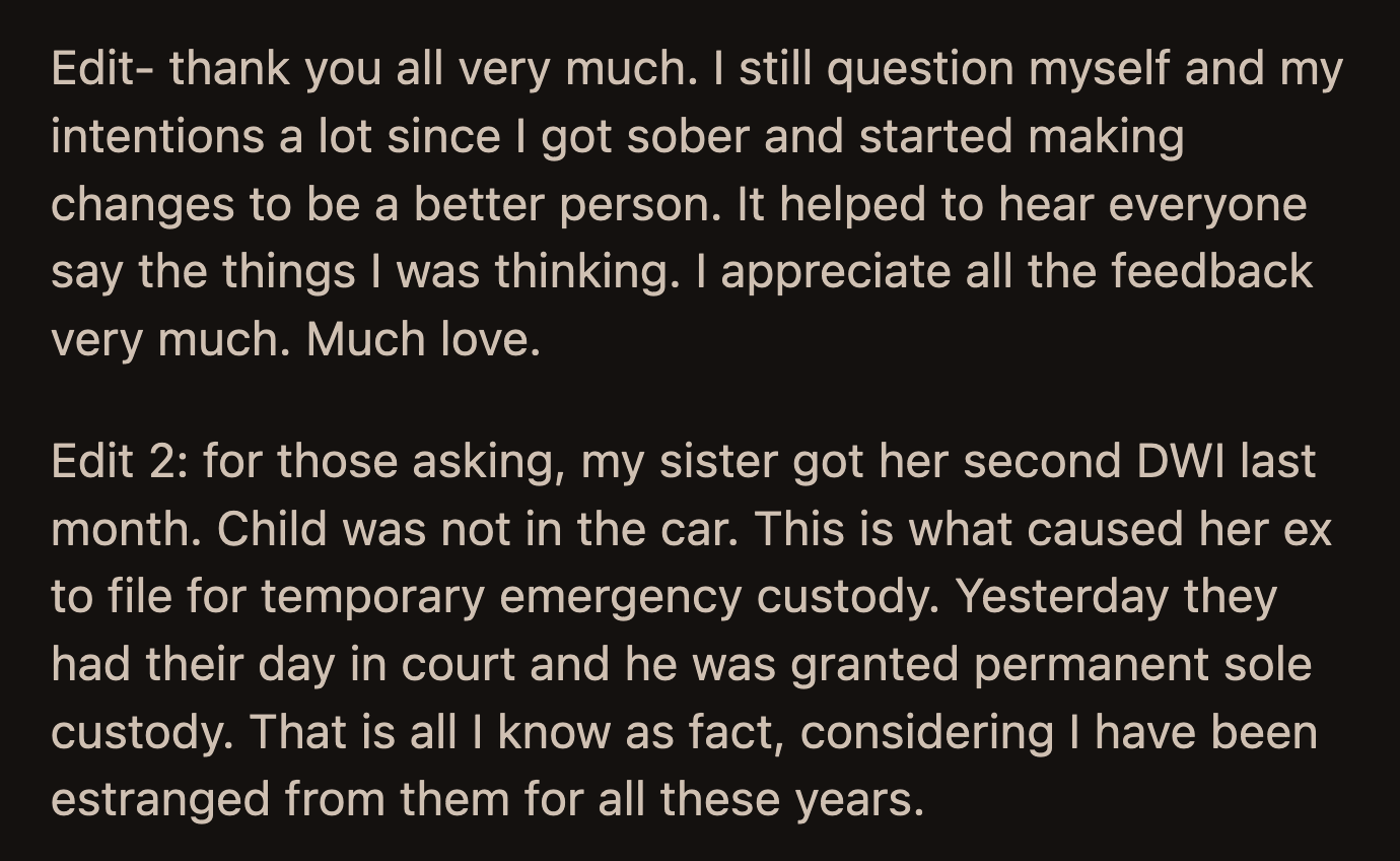 OP shared the reason why her sister's ex-husband sued for emergency custody of their daughter.