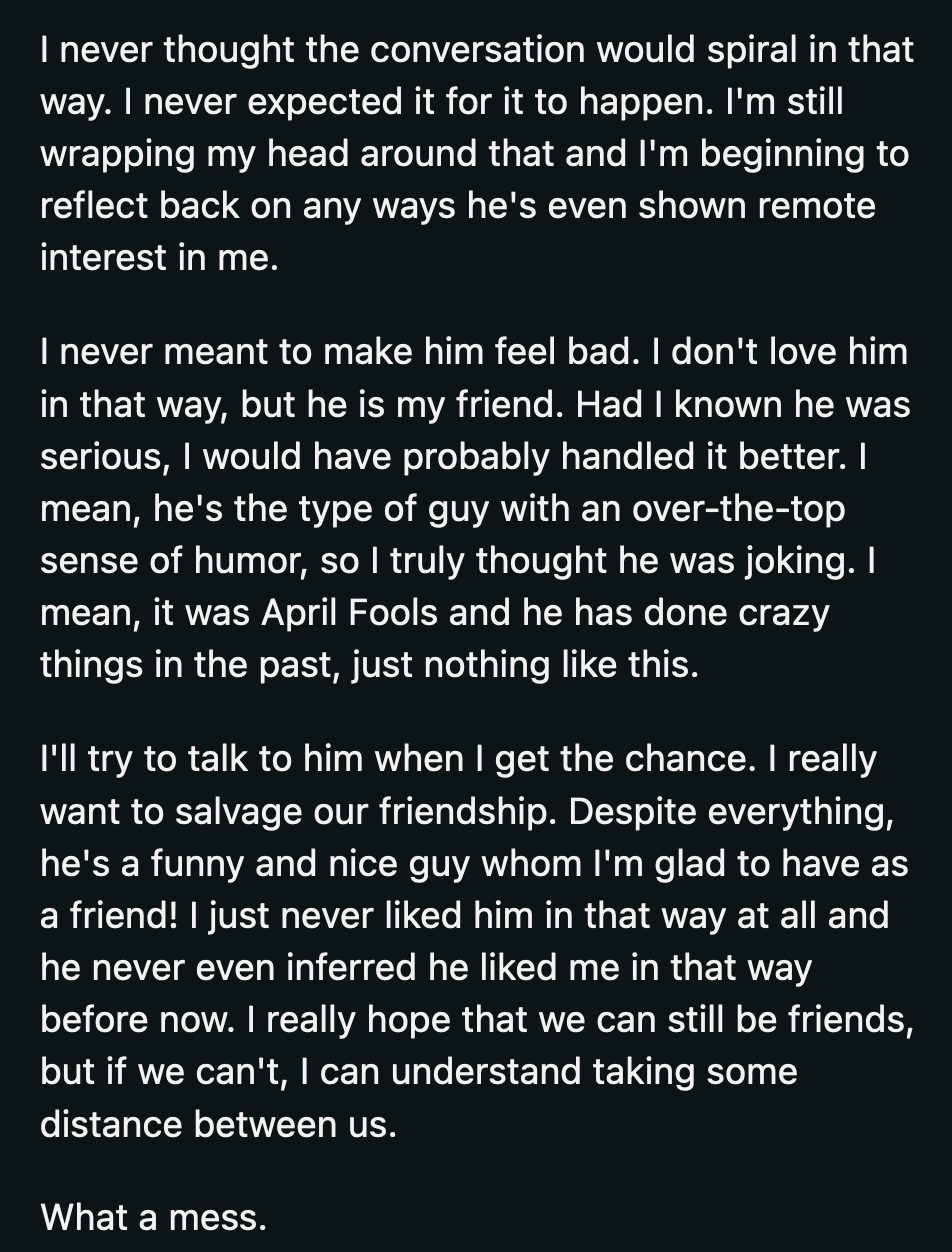 OP said she planned to do what she could to get her friendship with B back to normal because he was a good friend to her.