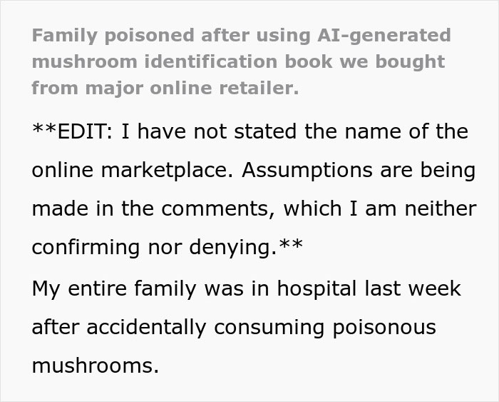 The OP shares how AI-generated images led to his family's hospitalization.