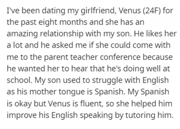 OP has been dating his girlfriend, Venus, for the past eight months, and Nathan wanted her to attend the parent-teacher conference