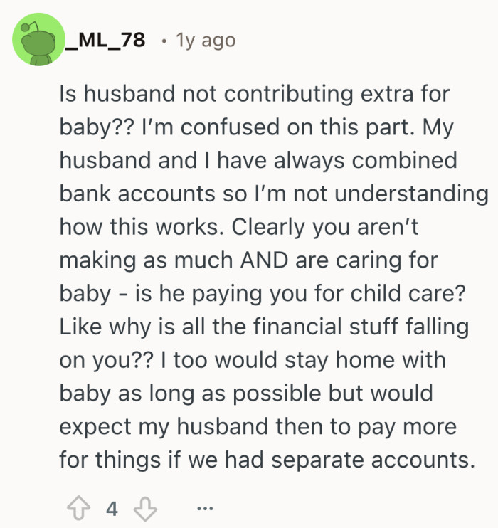 Why is the person earning less and doing childcare also carrying the heavier tab?